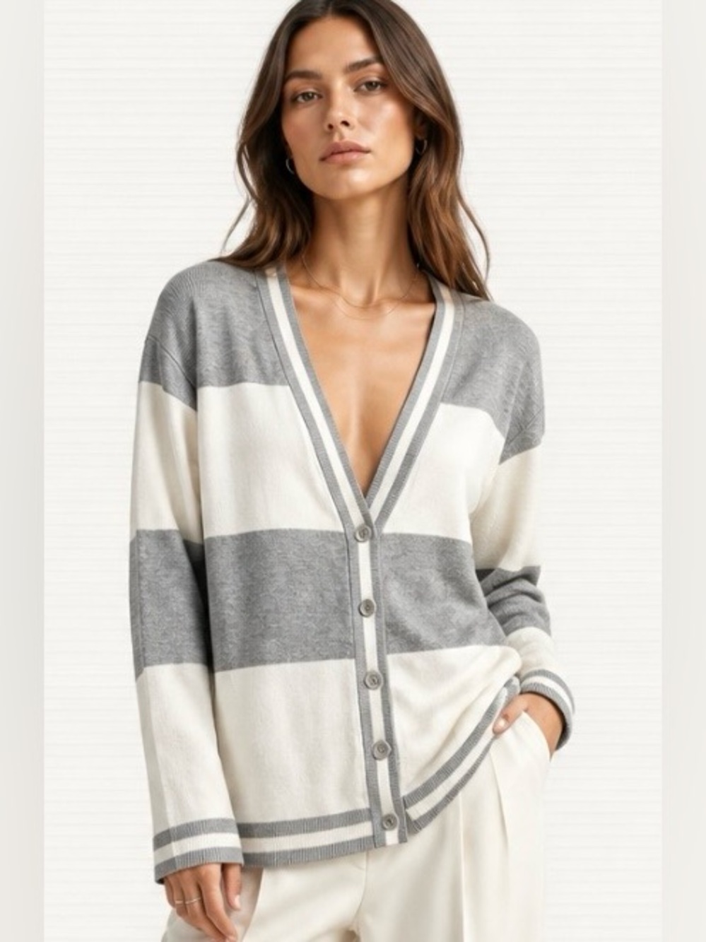 INDUSTRY Boyfriend Cardigan Sweater Striped Gray White Varsity Preppy NWOT M